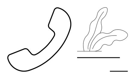 Phone receiver in clean line art style beside abstract leaves and minimal lines. Ideal for communication, connectivity, modern design, technology, sustainability, nature, and digital minimalism. Aのイラスト素材