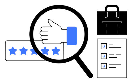 Magnifying glass highlights thumbs-up and 5-star rating next to briefcase and checklist. Ideal for quality control, customer satisfaction, research, performance analysis, approval process, targetのイラスト素材