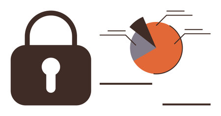 Lock symbol alongside a segmented pie chart representing secured data, analytics, and protection. Ideal for privacy, cybersecurity, data safety, encryption, risk management, secure systems simpleのイラスト素材