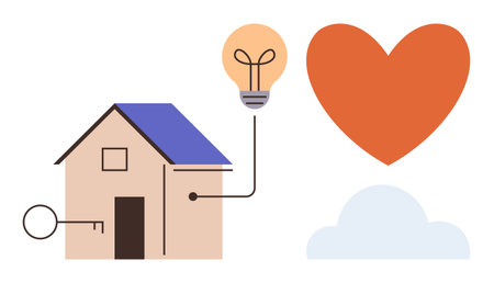 House with blue roof, key, connected lightbulb, red heart, and white cloud. Ideal for homeownership, real estate, security innovation sustainability family comfort. Simple flat metaphorのイラスト素材