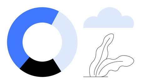 Blue and black pie chart, minimal plant outline, and cloud accent convey balance and abstraction. Ideal for data visualization, statistics, eco themes, nature, simplicity, minimalism and creativityのイラスト素材