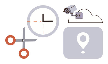 Clock, scissors, surveillance camera, cloud, and location pin representing data privacy, control, time management, digital tracking or monitoring. Ideal for security privacy technology controlのイラスト素材
