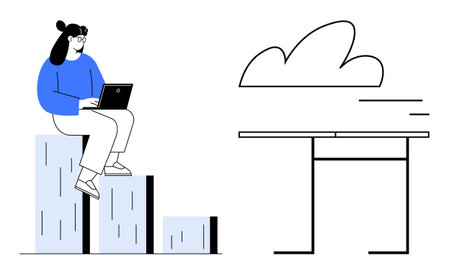 Woman working on laptop atop bar chart, cloud and desk nearby. Ideal for analytics, remote work, productivity, growth, data, minimalism, simple landing pageのイラスト素材