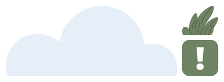 Cloud shape paired with a green plant in a container with an exclamation mark, symbolizing digital storage, environmental caution, eco-friendly actions, sustainability, cloud computing, alertsのイラスト素材