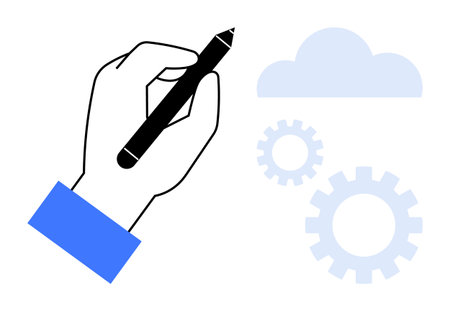 Hand holding pen with cloud and gear icons, symbolizing creativity, innovation, and ideas. Ideal for technology, automation, brainstorming, cloud computing, productivity teamwork simple flatのイラスト素材