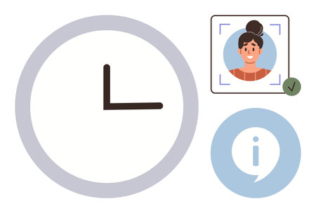 Large clock indicating time, profile photo with identity checkmark, and information bubble. Ideal...