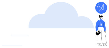 Female traveler with badge holding passport near airplane icon and cloud. Ideal for travel, tourism,...
