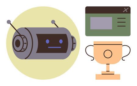 Futuristic robot with antennae, achievement trophy, and web interface suggest innovation, success, and technology. Ideal for AI, progress, robotics, interface design competition rewards simpleのイラスト素材