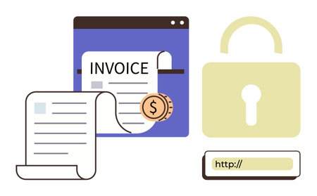 Invoice documents, browser interface, and coin illustrate financial processing. Padlock emphasizes data security. Ideal for online payments, e-commerce, cybersecurity, accounting, privacy digitalのイラスト素材