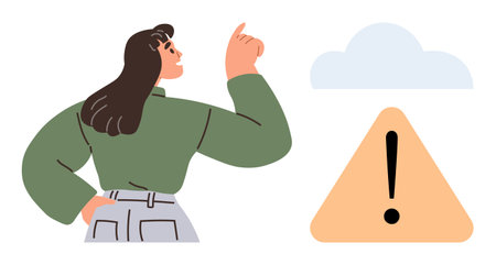 Woman in green shirt pointing upward near a cloud and caution triangle with exclamation. Ideal for caution, alert, risk, information, attention, guidance, awareness. Simple flat metaphorのイラスト素材