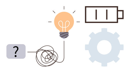Tangled line turning into a light bulb, gear, battery, and question mark. Ideal for innovation, problem-solving, creativity, brainstorming efficiency workflow productivity. Simple flat metaphorのイラスト素材