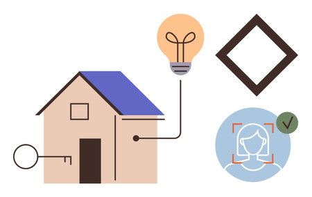 House with key, smart lighting, facial recognition icon, verified checkmark, square frame. Ideal for technology, security, convenience energy-saving innovation home automation safety. Minimalistのイラスト素材