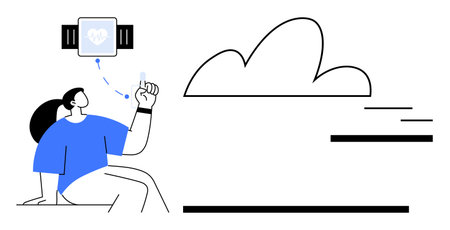 Person syncing health data from smartwatch to cloud, symbolizing technology, fitness monitoring, and data connectivity. Ideal for health tech, innovation, fitness, data security, IoT wellness cloudのイラスト素材