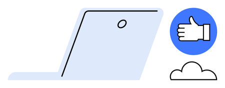 Open laptop alongside a thumbs-up icon and a cloud symbol. Ideal for communication, teamwork, approval, collaboration, remote work, cloud technology, simple landing pageのイラスト素材