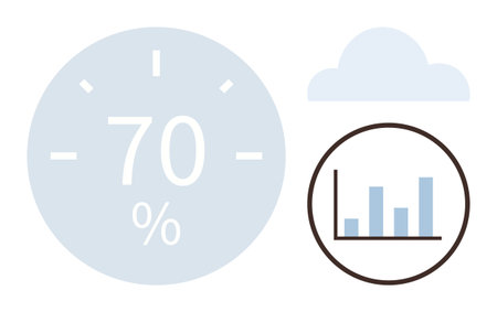 Percentage dial at 70, a bar chart in a circle, and a cloud icon highlight data analysis, measurement, and trends. Ideal for statistics, progress tracking, performance, weather technology businessのイラスト素材