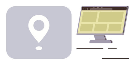 Location marker beside a desktop screen with webpage layout. Ideal for navigation, web design, digital services, online tools, travel, user interface, geographic data. Minimalist flat metaphorのイラスト素材