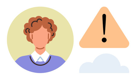 Womans faceless avatar next to caution triangle and cloud. Ideal for user warnings, online safety, risks, notifications, data alerts, error messages, system monitoring. Simple flat metaphorのイラスト素材