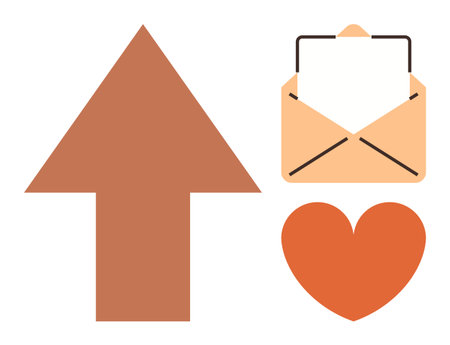 Brown arrow, open mail envelope, and heart emphasizing growth, communication, and emotions. Ideal for email campaigns, love messages, networking, positivity growth relationships and modernのイラスト素材