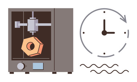 3D printer crafting an object next to a clock with an arrow, indicating time management,...