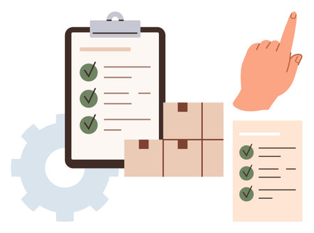 Clipboard with checked tasks, shipping boxes, hand indicating focus, cogwheel for process. Ideal for logistics, inventory, task management, workflow, teamwork prioritization simple flat metaphorのイラスト素材