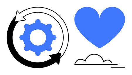 Gear with arrows illustrates progress, paired with a blue heart for compassion and cloud for...