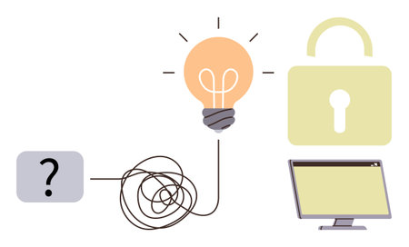 Question mark leading to tangled line, lightbulb, padlock, and monitor symbolizing problem-solving, innovation, security, and technology. Ideal for creativity, brainstorming solutions tech safetyのイラスト素材