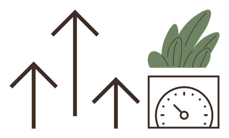 Three ascending arrows indicating growth, a speedometer showing progress, and a leafy plant symbolizing eco-friendliness. Ideal for growth, eco trends, business, sustainability, progressのイラスト素材