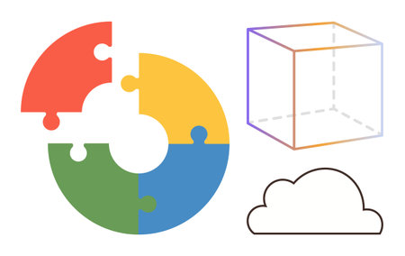 Circular four-piece puzzle in vibrant colors, outlined cloud, and transparent geometric cube. Ideal for teamwork, strategy, innovation, brainstorming, cloud computing, technology geometric conceptsのイラスト素材
