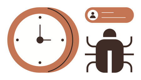 Analog clock symbolizing time, bug icon for software error, user profile window. Ideal for productivity, time tracking, software debugging, troubleshooting, workflow coding deadline. A simple flatのイラスト素材