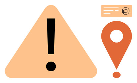 Bold exclamation mark in orange triangle paired with location pin. Ideal for alert, caution, attention, danger, navigation, notification, emergency concepts. Clear and simple flat metaphorのイラスト素材