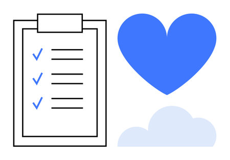 Clipboard checklist with checkmarks, blue heart, and cloud symbolizing organization, self-care, planning, goals, mindfulness, productivity and balance. Ideal for wellness blog productivity toolsのイラスト素材