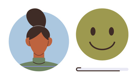 Woman with a bun hairstyle framed in blue circle next to a green smiling face. Ideal for identity, mood, wellness, personality, optimism, diversity, equality themes. Simple flat metaphorのイラスト素材