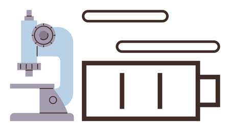 Microscope next to battery outline, combining themes of scientific research and energy efficiency. Ideal for innovation, sustainability, education, energy science, lab work, technology, simple flatのイラスト素材