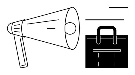 Megaphone emitting sound waves next to a briefcase combining corporate communication, marketing, and productivity. Ideal for business strategy, teamwork, announcements, branding, sales, leadershipのイラスト素材