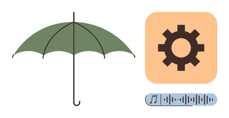 Green umbrella alongside a gear icon and an audio waveform symbolize protection, system optimization, and creativity. Ideal for security, maintenance, music, multimedia, functionality, analyticsのイラスト素材