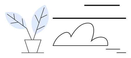 Potted plant with blue leaves next to a stylized cloud and simple lines. Ideal for nature, growth, simplicity, mindfulness, balance, eco-friendly design, modern aesthetics. Clean flat metaphorのイラスト素材