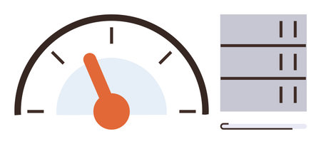 Analog gauge with needle pointing to mid-range, server box stack, and simple progress bar. Ideal for efficiency, performance monitoring, capacity, system optimization, technology, workload simpleのイラスト素材