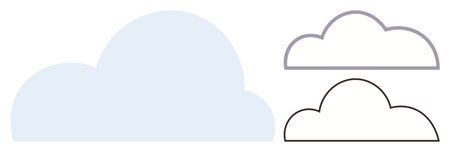 Three cloud shapes include a filled solid light blue, a gray outlined, and a black outlined style. Ideal for weather, technology, data storage, creativity, dreaming, minimal art simple flat metaphorのイラスト素材