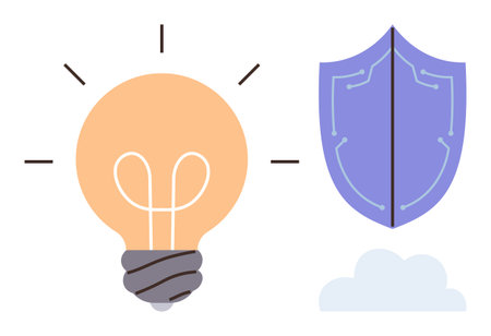 Light bulb with glowing rays and shield with circuit design evoke creativity, innovation, security, and digital protection. Ideal for technology, innovation, cybersecurity, protection, brainstormingのイラスト素材