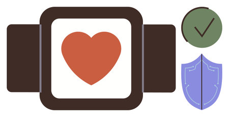 Fitness band with heart icon, shield, and checkmark. Ideal for health, fitness, technology, security, wellness healthcare lifestyle. Represents health monitoring and secure data through simple flatのイラスト素材