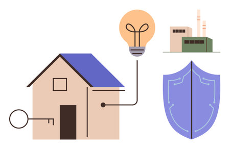 House with key, shield, lightbulb representing energy and security, and factory structure symbolizing infrastructure. Ideal for home safety, electricity, innovation, technology, energy managementのイラスト素材