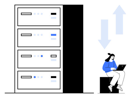 Server racks alongside a seated person on a laptop, symbolizing data management, server operations, cloud computing, internet data exchange, IT solutions, backup, and digital technology. Idealのイラスト素材