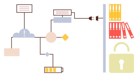 Data flows through cloud, connections, and battery to a secure filing cabinet with padlock symbol. Ideal for data storage, cybersecurity, cloud computing, encryption, organization, IT technologyのイラスト素材