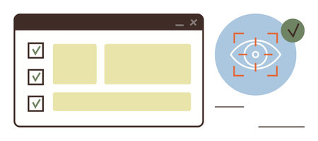Browser window with completed checkboxes alongside an eye in a target frame symbolizes task...