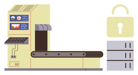 Industrial machine with control panel, conveyor belt, large padlock, and server. Ideal for technology, manufacturing, data security, encryption logistics innovation and automation themes. Simpleのイラスト素材
