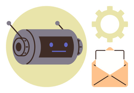 Robot head with antennas, gear for processing, and email envelope represent automated messaging, workflow efficiency, and digital communication. Ideal for technology, innovation, automationのイラスト素材