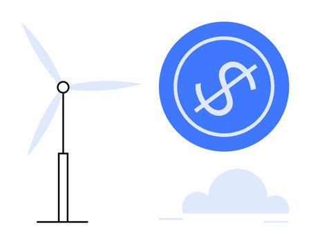 Wind turbine beside a dollar sign in a blue circle, symbolizing renewable energy and cost savings. Ideal for sustainability, eco-economy, clean energy, financial growth, green living, innovationのイラスト素材