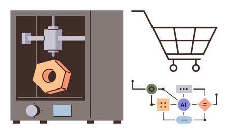 3D printer crafting object, AI-driven workflow diagram, and shopping cart highlight automation,...