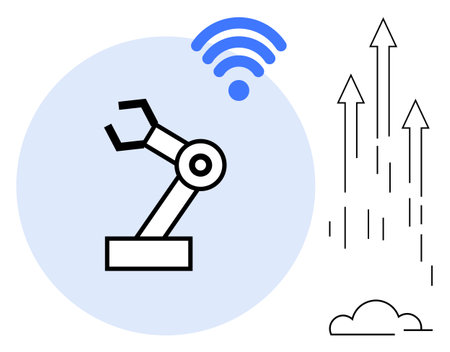 Robotic arm linked to a wireless signal, arrows representing growth, cloud element. Ideal for automation, technology, innovation, connectivity, progress industrial growth modern solutions. Cleanのイラスト素材
