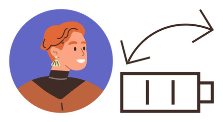 Smiling individual beside low battery with arrows indicating recharge. Ideal for energy, wellness, workflow, motivation, balance, renewal, and self-care. Flat and simple metaphorのイラスト素材